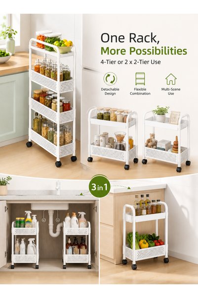 Yoawllty 4-Tier White Slim Rolling Storage Cart, 360° Swivel Wheels, Kitchen Bathroom Home Organizer