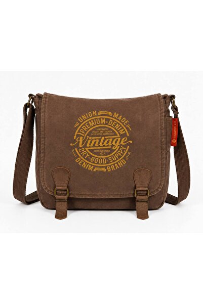 OLD COTTON BAGS Unisex Vintage Kapaklı Kanvas Omuz Çantası Çapraz Askılı Kahv...