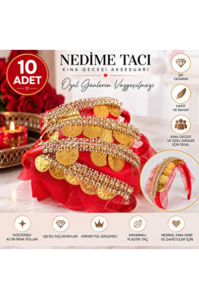 10 Adet Nedime Tacı Kırmızı Tüllü Altın Para ve Taş Süslemeli Kına Gecesi Tacı