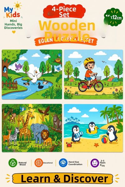 My Kids Room 4-Piece Wooden Puzzle Set Educational Learning Find and Fit Puzzle Children's Toy 2+ Years Old 16X12 cm