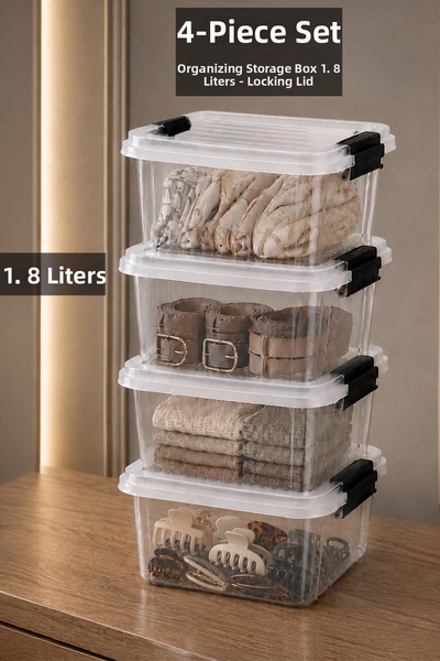 Meleni Home 4 Pieces 1.8Lt Elora Organizer Box - Multi-Purpose Lockable Lid J...