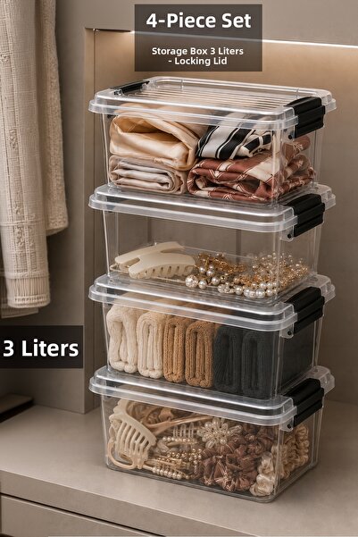 Meleni Home 4-Piece 3 Liter Multi-Purpose Organizer - Elora Lockable Lid In-C...