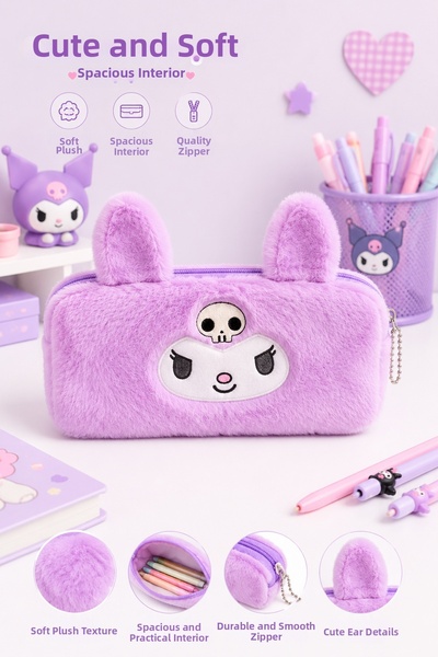 synshop Cute Cat Purple Kuromi Patterned Plush Pencil Case – Large Capacity Z...