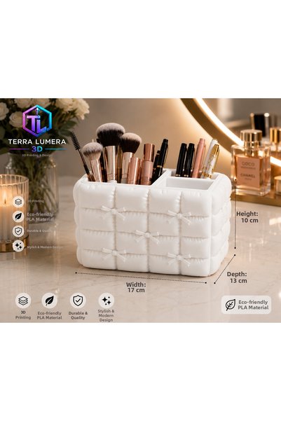 TERRA LUMERA 3D Quilted Bowknot Makeup Organizer – Pen Holder, Brush Holder, and Desktop Organizer