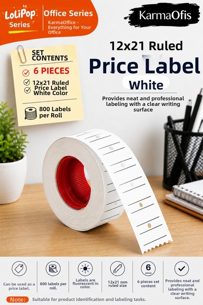 KarmaOfis 12X21 Striped Price Tag Phosphorescent White Label Roll 6 Pieces