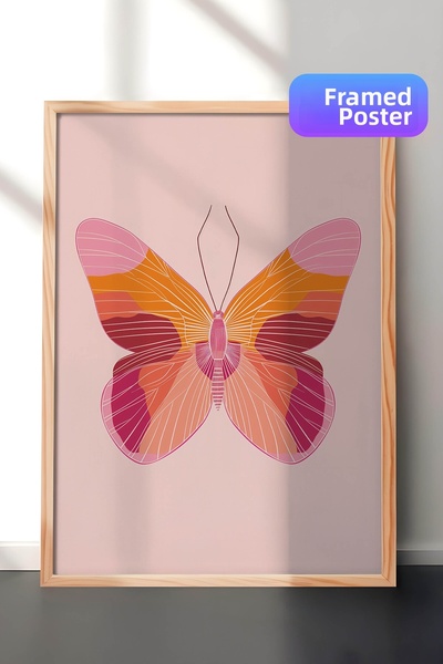 Zestia Pictură murală minimalistă cu ramă din lemn, fluture colorat, cameră p...