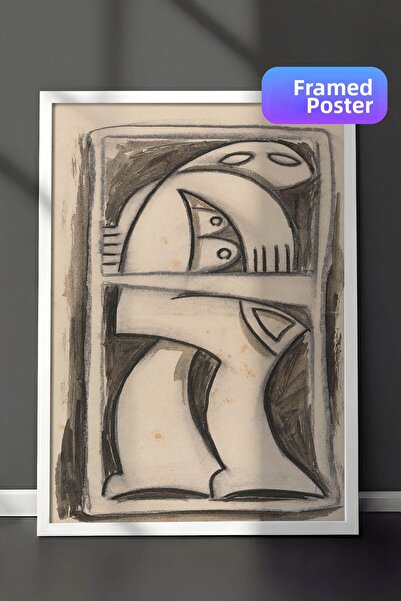 Zestia Pictură murală de artă abstractă în ramă albă, figură cubistă în creio...
