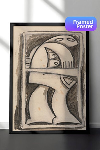 Zestia Pictură murală cu artă abstractă în cadru negru, figură cubistă în cre...