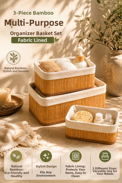 House Bird 3-Piece Bamboo Multi-Purpose Organizer Basket Set with Fabric Inne...