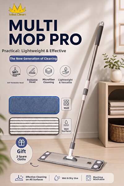 Miss Clean Multi Mop Set (2 Spare Heads as a Gift) 45 cm Wide Use Any Cloth Y...