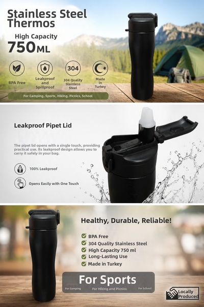 Bienly Stainless Steel Flask – Leak-Proof Lid with Straw 750ml