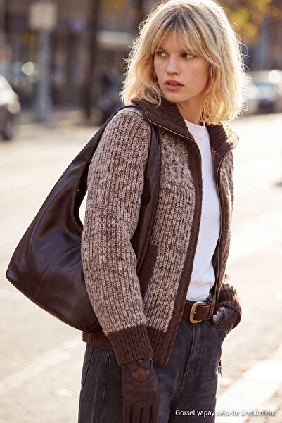 Trendyol Collection Mink Soft Textured Coat-Looking Knitwear Cardigan Twoaw27...