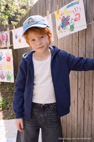 TRENDYOLKIDS Navy Blue Cotton Boys' Plain/Basic Zippered Knitted Cardigan/Swe...