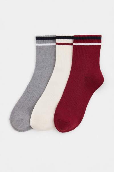 Trendyol Collection Ecru-Anthracite-Burgundy Stripe Detailed Unisex Socks 3-P...