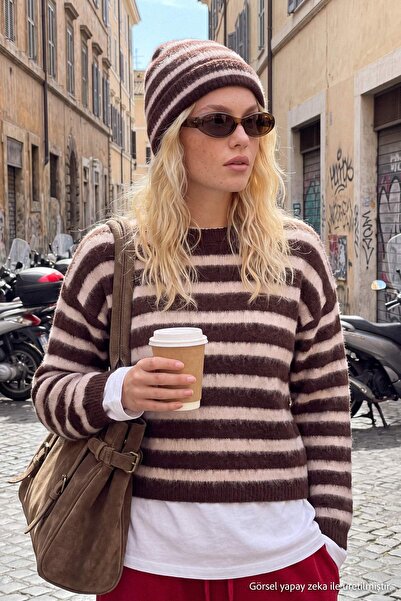 Trendyol Collection Brown Striped Oversize Crew Neck Soft Beret Knitwear Swea...