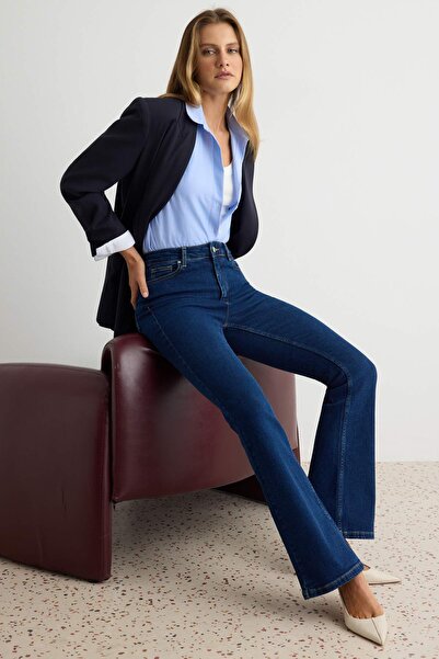 Trendyol Collection More Sustainable Navy High Waist Medium Stretch Flared Je...