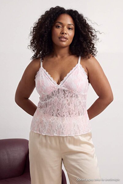 Trendyol Curve Multi-Colored Lace Strap Transparent Plus Size Undershirt Tbba...