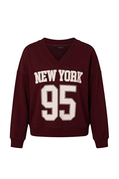 Trendyol Collection Burgundy City Printed Oversize/Wide Cut V-Neck Knitted Sw...