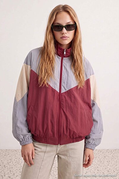 Trendyol Collection Burgundy Oversize Molded Color Block Summer Thin Coat Two...