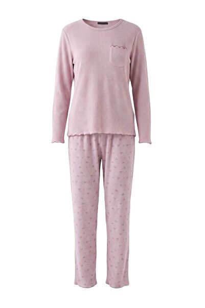 Trendyol Collection Lilac Ribbon Pocket Soft Button Winter Waffle Knitted Paj...