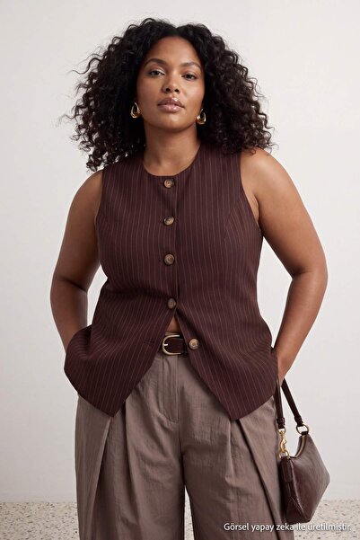 Trendyol Curve Brown Striped Woven Oversized Vest Tbbaw27Bh00001