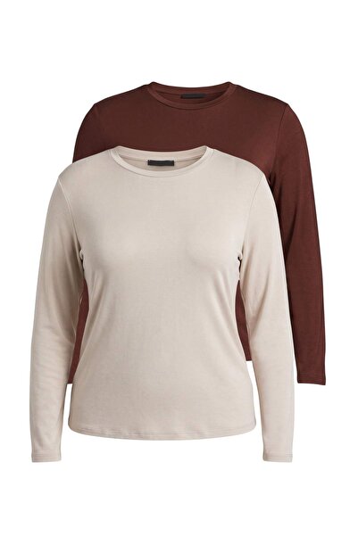 Trendyol Curve Stone-Brown Viscose Flowy Soft Buttoned Knitted Plus Size Blou...