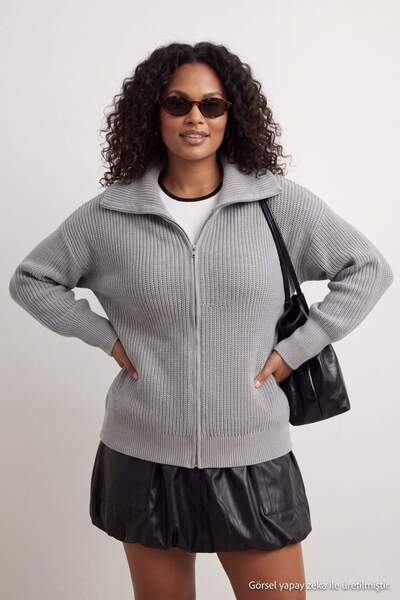 Trendyol Curve Gray Melange Turn-Down Collar Zippered Knitwear Cardigan Tbbaw...