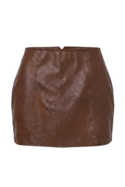 Trendyol Collection Brown Gradient Straight Pencil Form Midi Length Faux Leat...