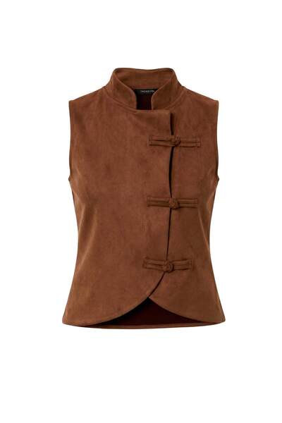 Trendyol Collection Brown Suede Fitted High Neck Sleeveless Knitted Vest Twoa...