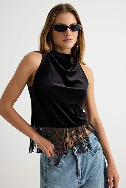 Trendyol Collection Black Plain Strapless Sleeveless Woven Velvet Blouse Tpra...