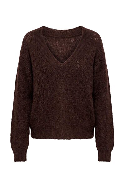 Trendyol Collection Wardrobe Essentials Brown V-Neck Moher Blended Thin Knitw...