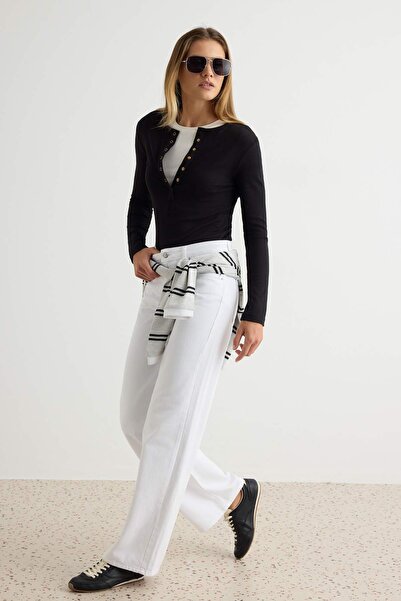 Trendyol Collection White Drapey Regular Waist 100% Cotton Long Length Wide L...