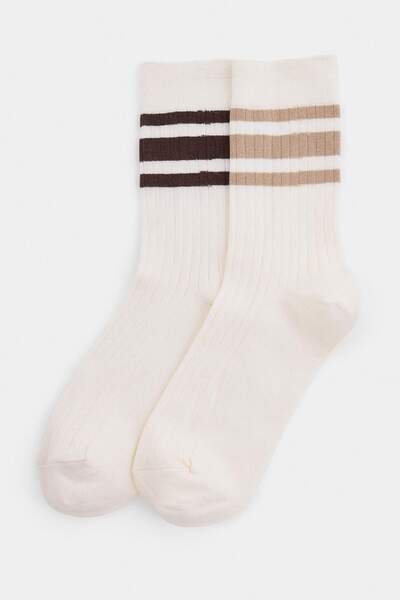 Trendyol Collection Anthracite-Ecru 2-Piece Striped Jacquard Knitted Socks Th...