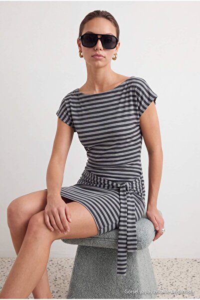 Trendyol Collection Multi-Colored Striped Bodycon/Fitted Belted Mini Viscose ...