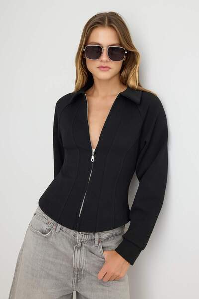 Trendyol Kollektion Schwarzer Premium-Cardigan/Sweatshirt mit Polokragen und ...