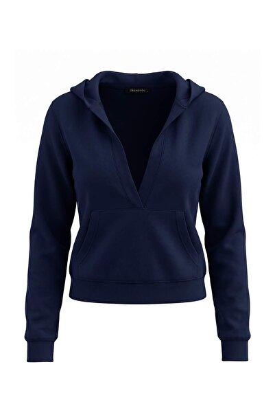 Trendyol Collection Navy Blue Thick Fleece Lined Hooded V-Neck Regular Fit Kn...