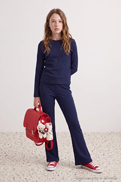 TRENDYOLKIDS Marineblaues, einfarbiges/Basic-Stretch-Strick-Set mit Rundhalsa...