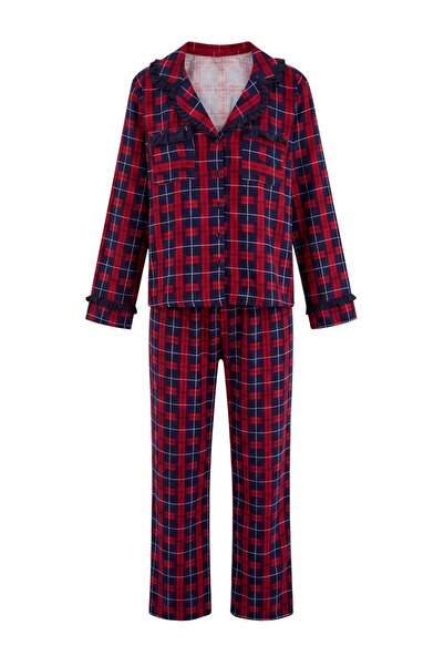 Trendyol Collection Red-Multicolor Plaid / Checkered Shally Woven Pajama Set ...