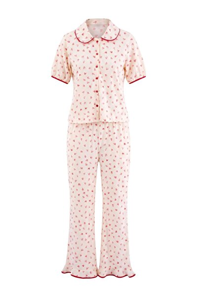 Trendyol Collection Ecru 100% Cotton Heart Baby Collar Knitted Pajama Set Thm...