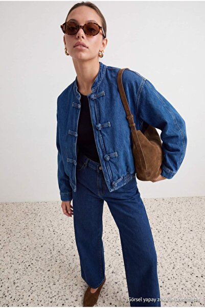 Trendyol Collection Blue Button and Rubber Waist Detail Denim Jacket Twoaw27C...