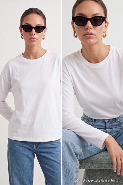 Trendyol Collection White-White 2-Pack 100% Single Jersey Oversize/Loose Cut ...