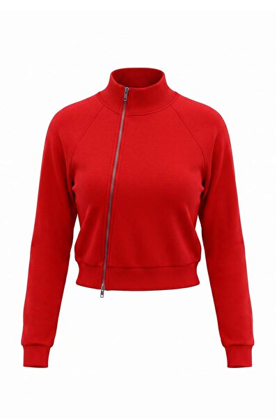 Trendyol Collection Red Asymmetric Zippered Turn-Down Collar Regular Fit Thic...