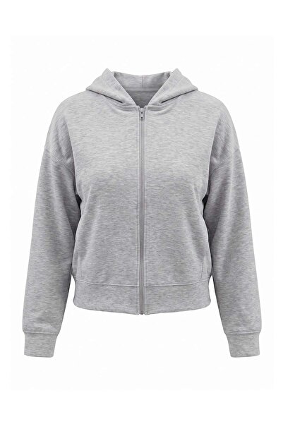 Trendyol Collection Gray Melange Premium Hooded Zippered Oversize Interlock K...