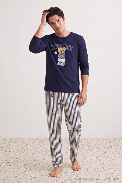 Trendyol Collection Navy Blue Regular Striped Teddy Bear Patterned Knitted Pa...