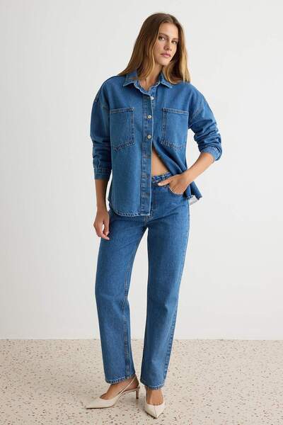 Trendyol Collection Blue Lace Detailed Oversize Denim Shirt Twoaw27Go00056