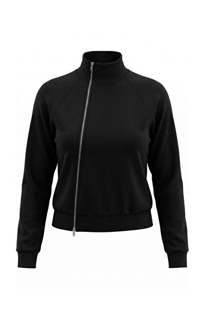 Trendyol Collection Black Asymmetric Zippered Turn-Down Collar Regular Fit Th...