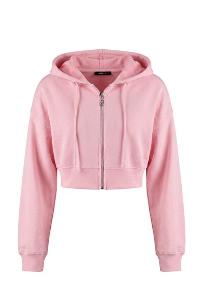 Trendyol Collection Pink Zippered Hooded Low Sleeve Drawstring Super Crop Thi...
