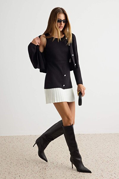 Trendyol Collection Black Contrast Skirt Detailed Cardigan Mini Knitwear Dres...
