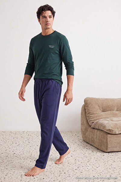 Trendyol Collection Green-Navy Blue Regular Slogan Printed Knitted Pajama Set...