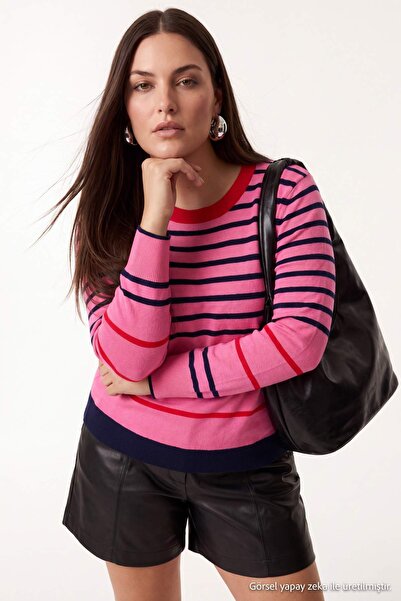 Trendyol Curve Pink Striped Soft Textured Basic Knitwear Sweater Tbbaw27An00049